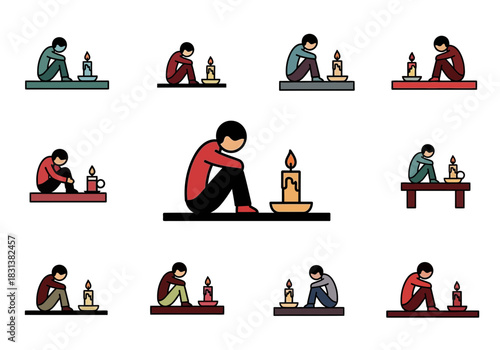 Figures sitting alone with bottles and candles, appearing sad.