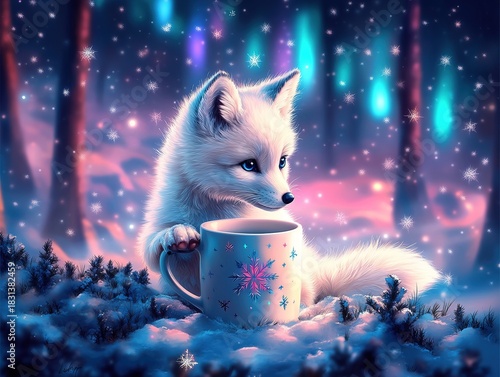 Cute white fox cub sitting in cup amid winter forest with aurora borealis, fantasy cartoon digital painting for holiday card, social media, kids design.