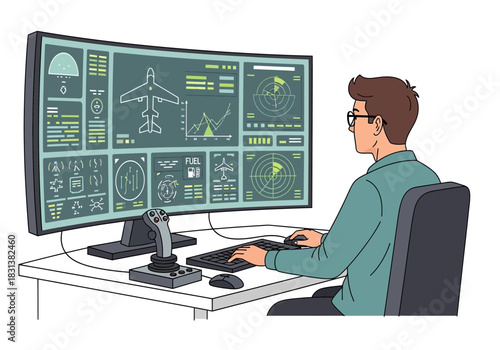 Person operating a complex computer system with flight simulation controls.