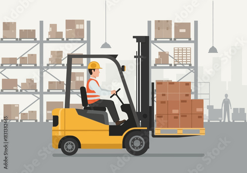 Forklift operator moves boxes in a warehouse with tall shelves.