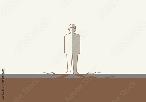 A stylized person stands partially submerged in the earth.