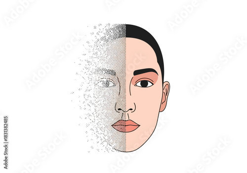 A woman's face is dissolving into particles.