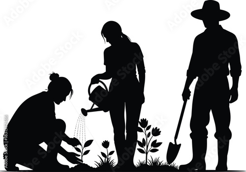 Gardening teamwork silhouette, planting scene, watering flowers, shovel work, black vector, outdoor activity, plant care, agriculture task, garden tools, nature illustration, teamwork concept