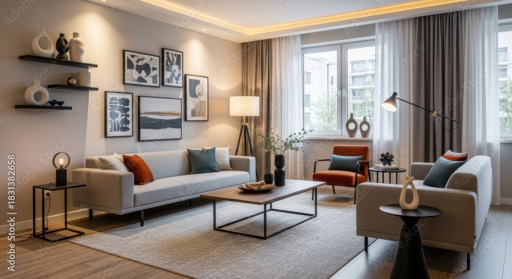 Fototapeta premium Modern Living Room with Neutral Colors and Contemporary Decor in Bright Natural Light