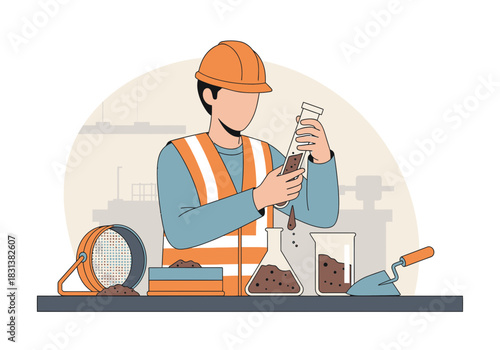 Worker in hard hat and vest examines soil samples with tools.