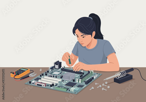 Person working on a computer motherboard with tools and components.