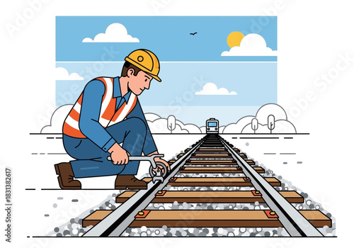 Worker in hard hat and vest repairs railway tracks with a tool.