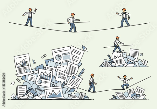 Men balancing on tightropes over piles of documents.