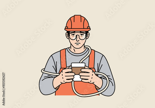 Construction worker in hard hat holding coffee cup with cable wrapped around him.