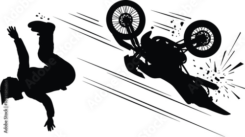 Motorcycle accident silhouette, high-speed crash, rider airborne, dangerous stunt, safety awareness, black vector, dramatic impact, helmet