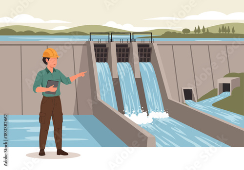 Engineer inspects a large concrete dam with water flowing through gates.