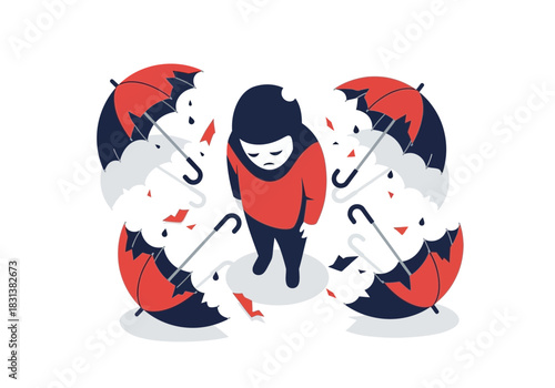 Sad person surrounded by broken umbrellas and falling leaves.