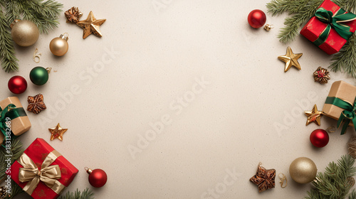 Merry Christmas Background with Gifts and Ornaments on Light Beige Top View