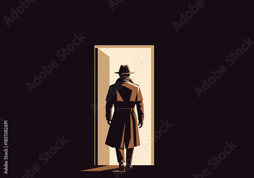 Man in trench coat and hat walks through an illuminated doorway.