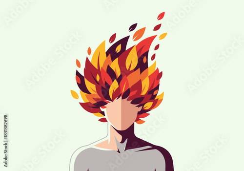 Person with fiery leaves erupting from head, symbolizing ideas or emotions.