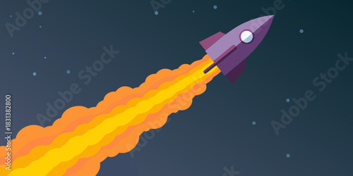 Cartoon rocket launching into space with fire and stars