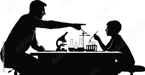 Science mentorship silhouette, lab learning scene, child education, microscope and flasks, black vector, curiosity moment, STEM teaching, laboratory tools, experiment setup, knowledge sharing