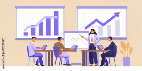 Business presentation with charts and graphs in a meeting room setting