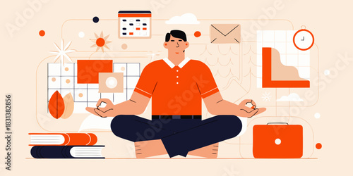Man meditating in lotus position surrounded by work related objects