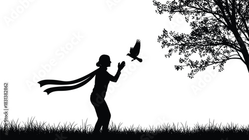 Person releasing bird silhouette, nature connection, tree and grass scene, black vector, symbolic freedom, scarf motion, artistic concept, memory transition, outdoor moment