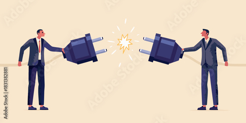 Businessmen with electrical plugs failing to connect sparking and causing disconnection