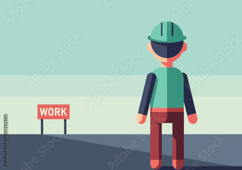 Construction worker stands near a sign that says work.