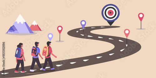 Teamwork and goal achievement people walking towards a target on a road