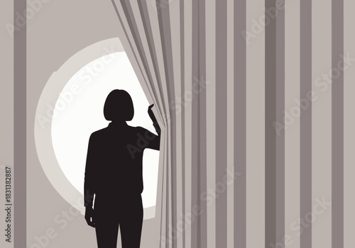 Silhouette of a person opening curtains to reveal a bright circular opening.