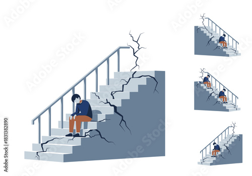 Man sits on broken stairs with smaller figures descending stairs.