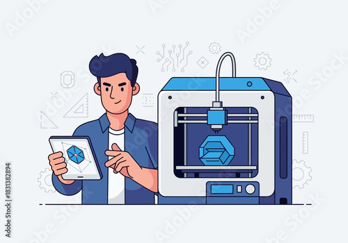 Man with tablet operates 3d printer creating object.