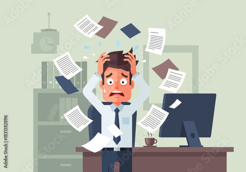Stressed businessman with papers flying around him in an office.