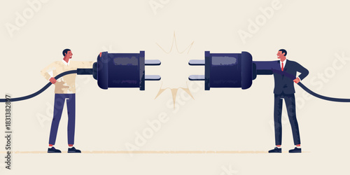 Businessmen connecting large electrical plugs symbolizing connection teamwork and partnership
