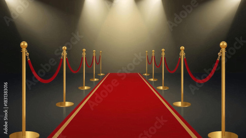 A luxurious red carpet illuminated by spotlights creates an atmosphere of glamour and anticipation, perfect for a grand event or celebrity entrance.