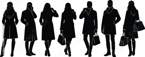 Winter fashion silhouettes, coat and boot icons, walking figure illustration, handbag style vector, seasonal attire graphic, urban outfit design elements