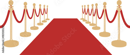 A red carpet is set up with velvet ropes and gold stanchions for a special event or awards ceremony, creating an exclusive entrance.
