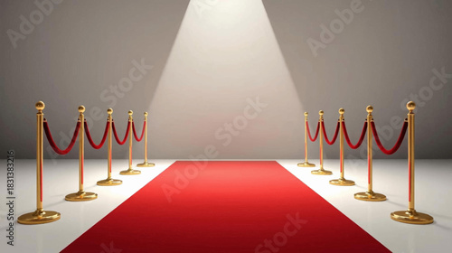 A red carpet is illuminated by a spotlight, flanked by velvet ropes and golden stanchions, creating an atmosphere of exclusivity and elegance for an event.
