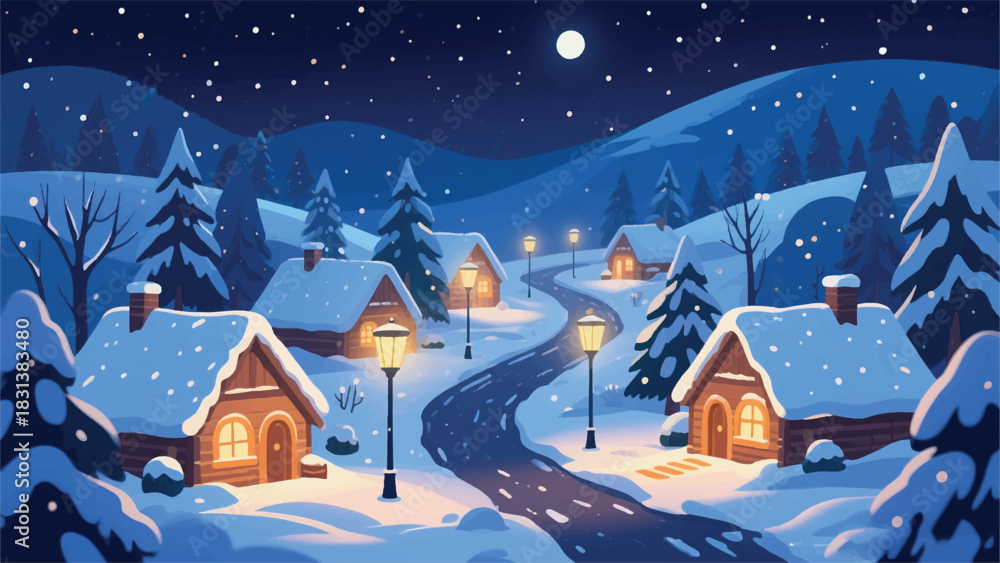 Fototapeta premium Countryside Atmosphere Covered in White Snow Illustrator Artwork Banner Background Design Template 