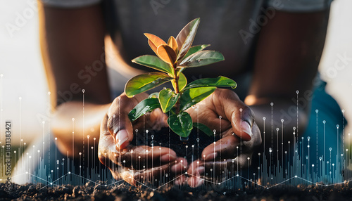 Hands holding a small green plant seedling in soil with a digital growth graph overlay illustrating agricultural technology.