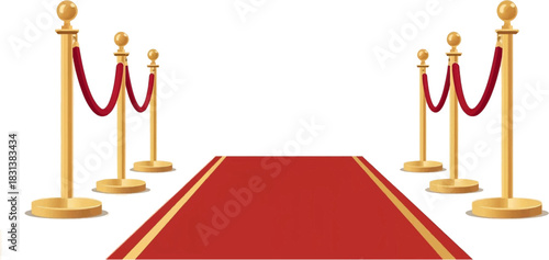 A red carpet with gold stanchions and velvet ropes creates an elegant pathway for an exclusive event or grand entrance, isolated on a white background.