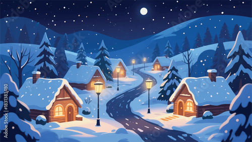 Countryside Atmosphere Covered in White Snow Illustrator Artwork Banner Background Design Template 