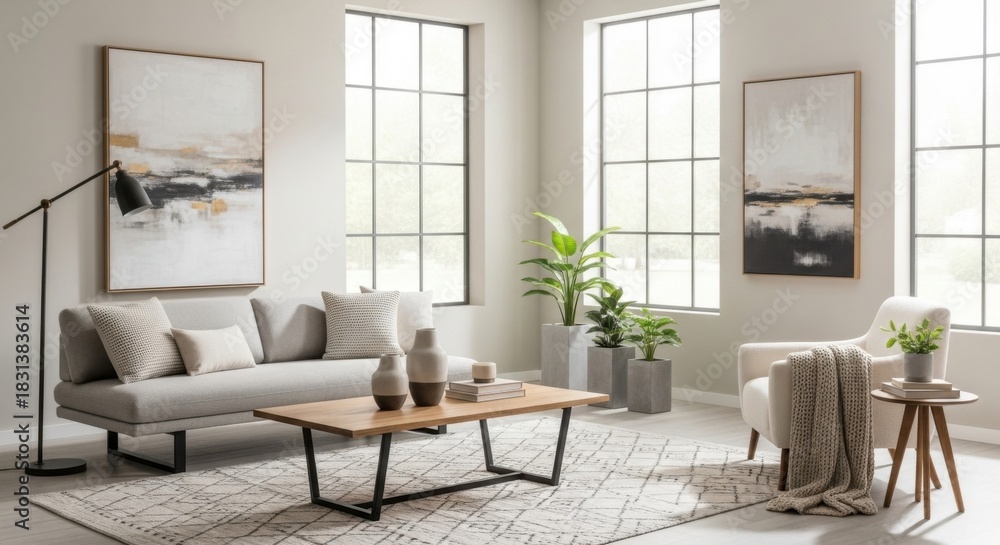 Fototapeta premium Modern Bright Living Room with Light Gray Sofa and Large Windows