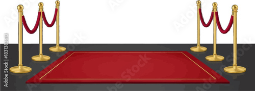 A red carpet is set up with golden stanchions and velvet ropes, creating a welcoming entrance for an important event or special occasion.