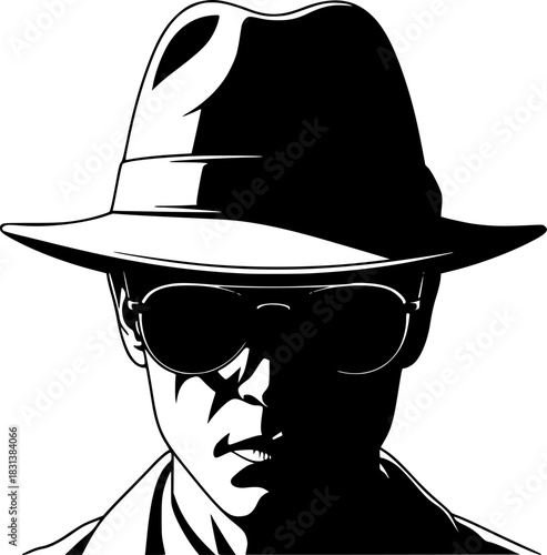 Mysterious man in hat and sunglasses with dramatic lighting - vector. 
