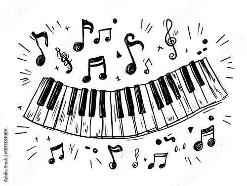 Musical Keyboard and Notes Artistic Black and White Illustration