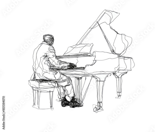 Elegant Continuous Line Art Illustration of a Musician Skillfully Playing a Grand Piano, Capturing the Essence of Melodic Performance