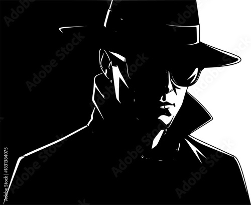 Mysterious man in hat and sunglasses with dramatic lighting - vector. 
