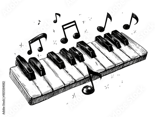 Detailed hand-drawn sketch of a piano keyboard with elegant musical notes floating around, capturing the essence of melody and harmony