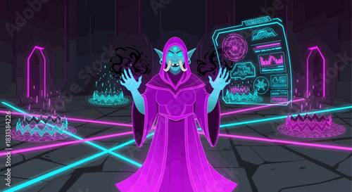 Mystical sorceress casting spells in futuristic and ethereal dungeon room