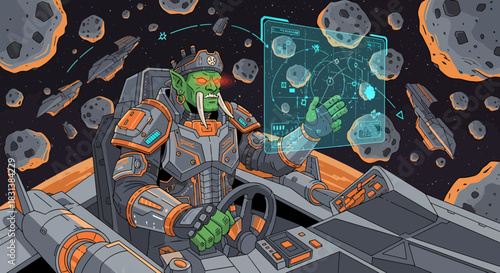 Space Orc Navigator Piloting Spaceship Through Asteroid Field Using Holographic Display