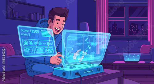 Futuristic gaming setup with immersive interface and cheerful cartoon character